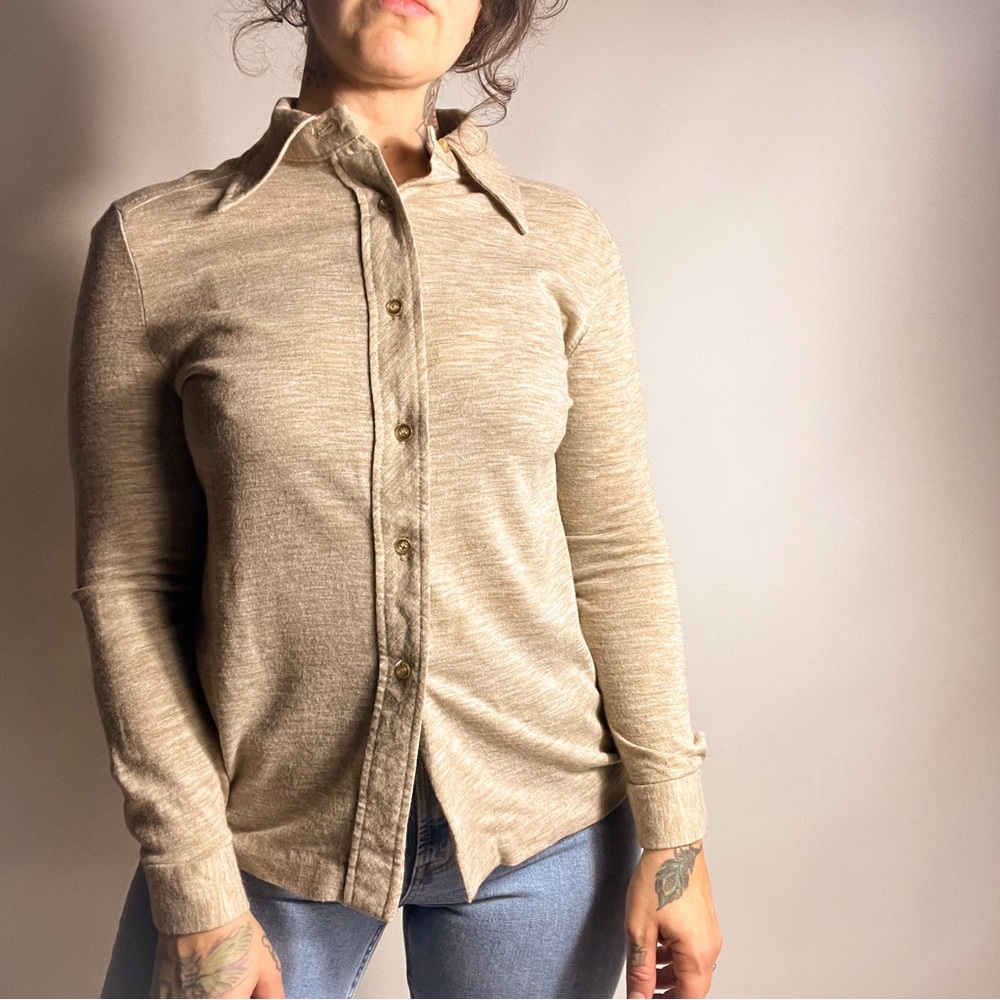 VINTAGE Russ 60s/70s Lightweight Wool Knit Button Down Oatmeal Top Small